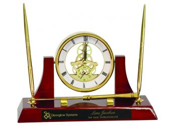 Executive Gold/Rosewood Piano Finish Clock w/2 Pens/Letter Opener
